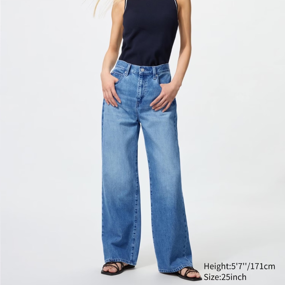 Uniqlo Medium Stone Blue High Waisted Straight Wide Leg Jeans